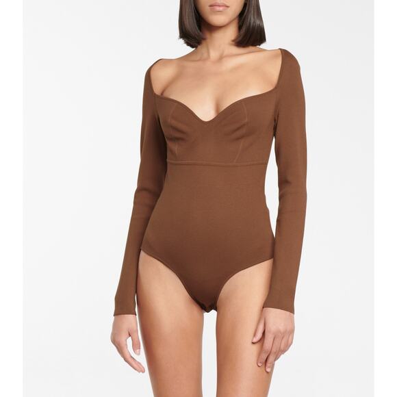 Zeynep Arcay Stretch-Knit Long Sleeve Sweetheart Neck Bodysuit Brown Women's 4 - Picture 1 of 6